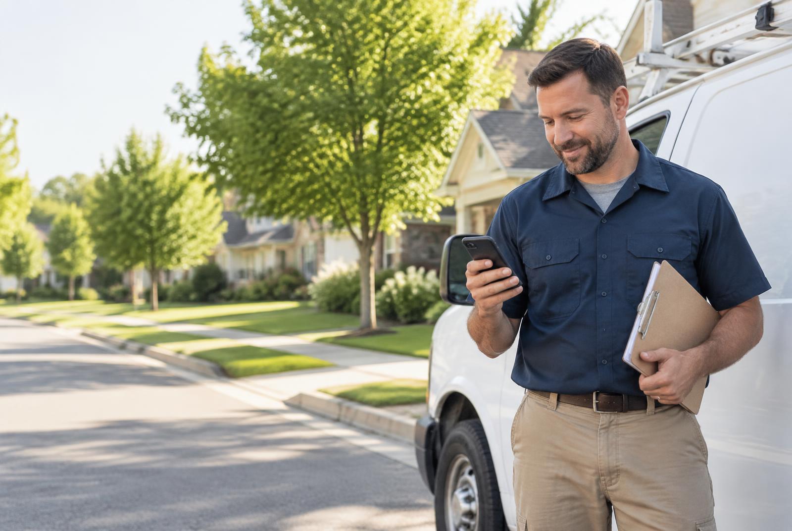 A local service business owner checking a customer call beside his work van